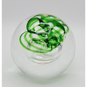 Iris Bohemia Crystal Art Round Green Swirls Glass Clear Handmade Vintage 12" EUC